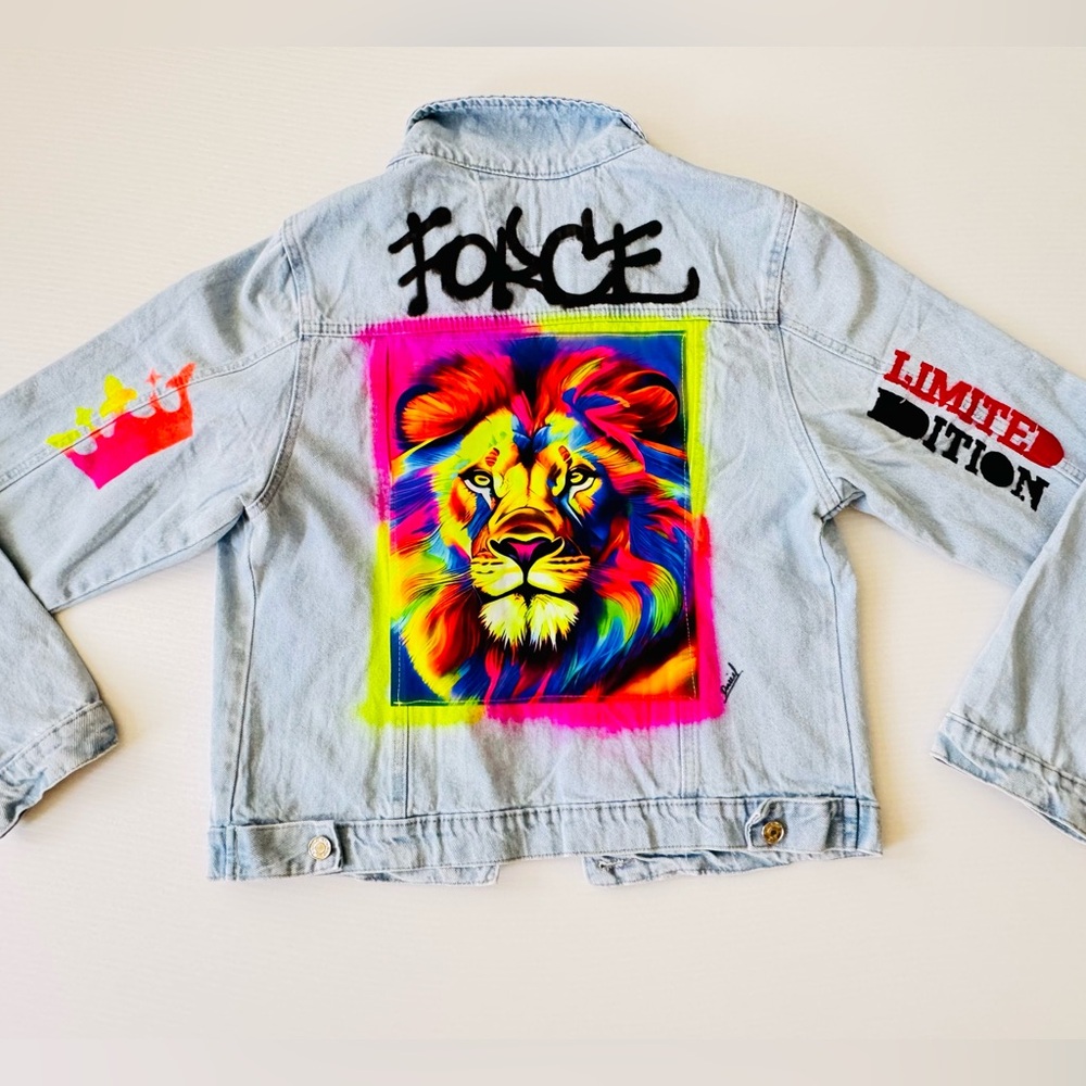 Custom denim jacket, unisex XL kids, animal art,handmade gift, lion jacket